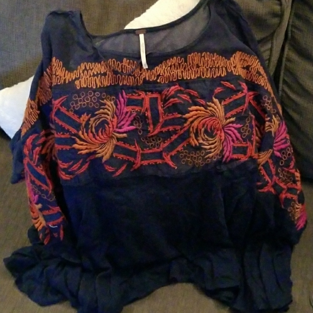 Free people navy top with embroidery
